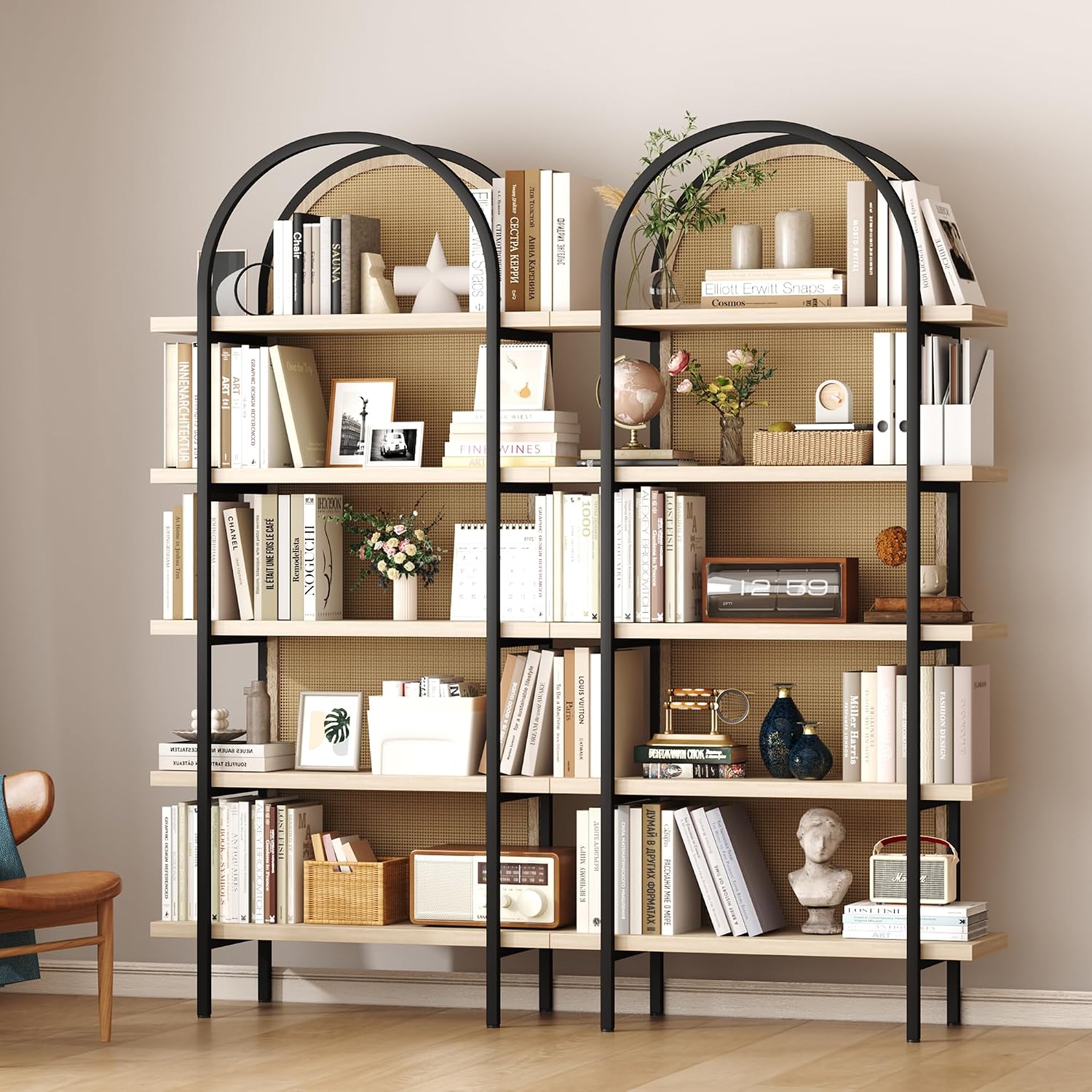 Yusong Bookshelf Rattan 5 Tier Arched Bookcase, 74' Tall Industrial Open Book Shelves for Living Room, Modern Freestanding Display Shelving Boho Storage Rack with Metal Frame for Office, Brown
