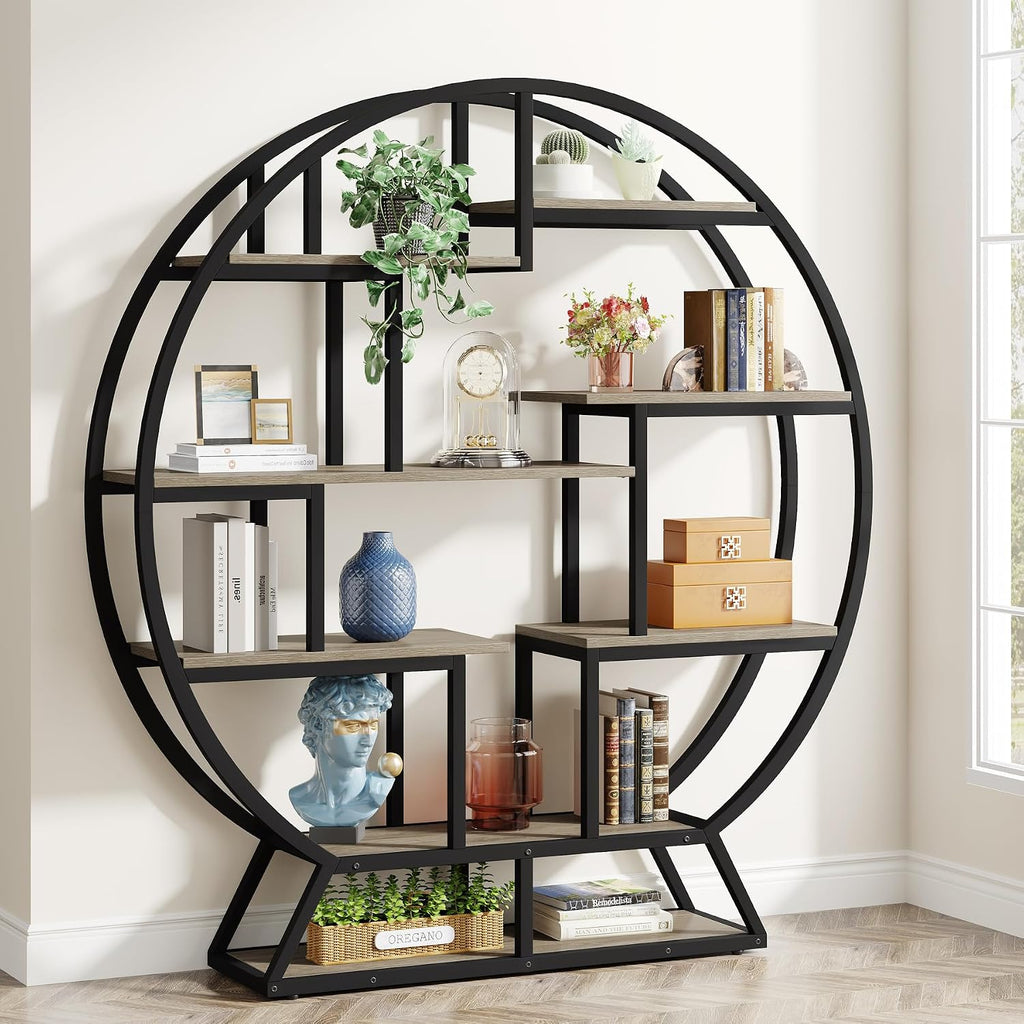 Tribesigns Bookshelf, Round Bookshelves Etagere Bookcase, 63 Inch Industrial Wood Book Shelf with Staggered Shelves, Open Shelving Organizer Rack Display Shelf for Home Office, Living Room, Grey