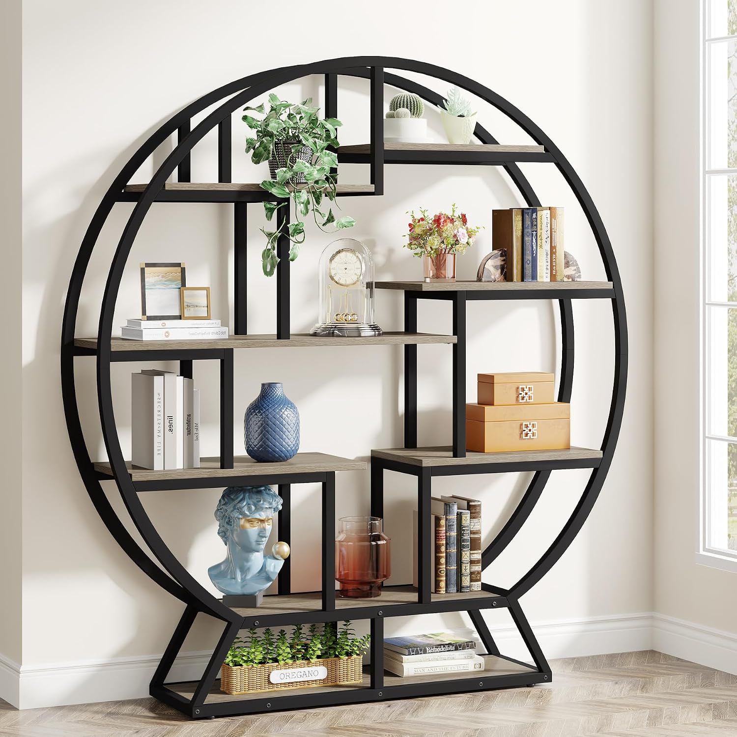 Tribesigns Bookshelf, Round Bookshelves Etagere Bookcase, 63 Inch Industrial Wood Book Shelf with Staggered Shelves, Open Shelving Organizer Rack Display Shelf for Home Office, Living Room, Grey