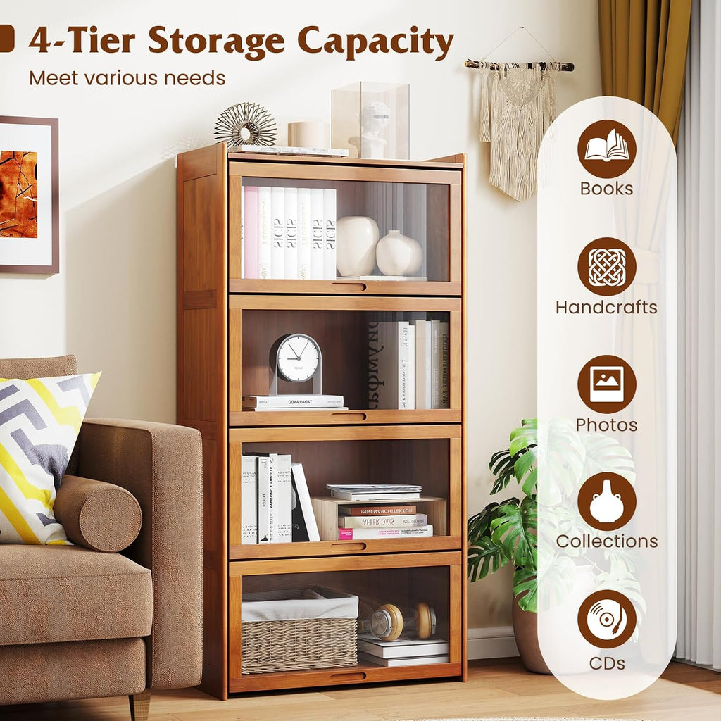 Giantex 4-Tier Bookcase with Clear Doors, 55' Bamboo Bookshelf with Flip-up Acrylic Doors, Freestanding Cube Storage Organizer with Shelves, Solid Wooden Display Cabinet for Living Room, Study, Brown