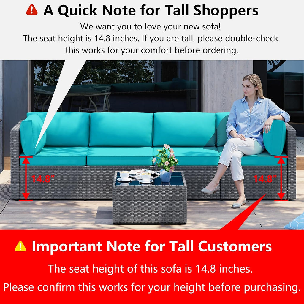Shintenchi 5 Pieces Outdoor Patio Furniture Sets, Patio Sectional Sofa Couch, Gray PE Wicker Furniture Modular Patio Conversation Sets Patio Sofa with Washable Cushions & Table（Blue）