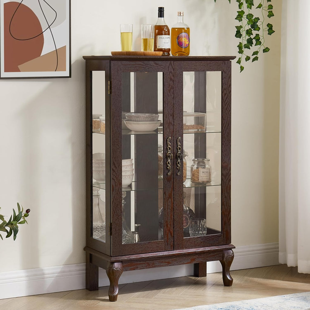 43'H Lighted Display Curio Cabinet, 3-Tier Glass Accent Storage Cabinet Curio Showcase w/ 2 Doors & Adjustable Shelves, Wine Artwork Storage Rack w/ Mirrored Back Panel for Living Room (Dark Cherry)
