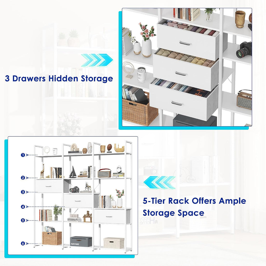 Nosepen 73.6' Tall Bookshelf with 3 Drawers and 16 Storage Shelves, Industrial Bookcase with 16 Open Display Shelves, Large Etagere Bookshelf, Triple Wide Book Shelf Book Case for Home & Office, White
