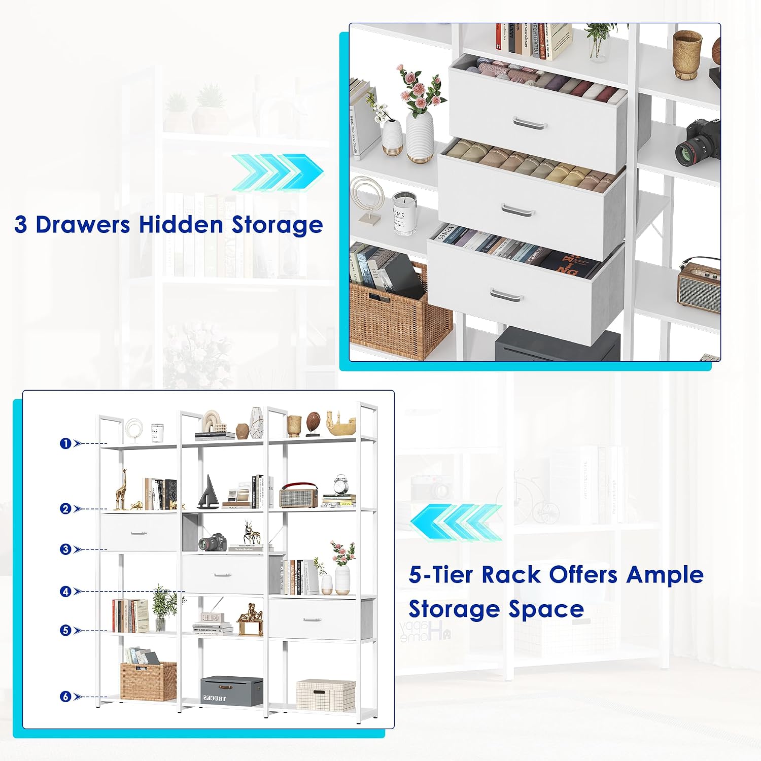 Nosepen 73.6' Tall Bookshelf with 3 Drawers and 16 Storage Shelves, Industrial Bookcase with 16 Open Display Shelves, Large Etagere Bookshelf, Triple Wide Book Shelf Book Case for Home & Office, White