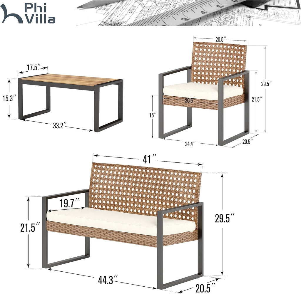 PHI VILLA Patio Wicker Furniture Set for 4, Brown Rattan Loveseat & Chairs with Beige Cushions & Acacia Wood Coffee Table, Outdoor Conversation Sofa Set for Deck, Yard, Porch (Round Hole Back)