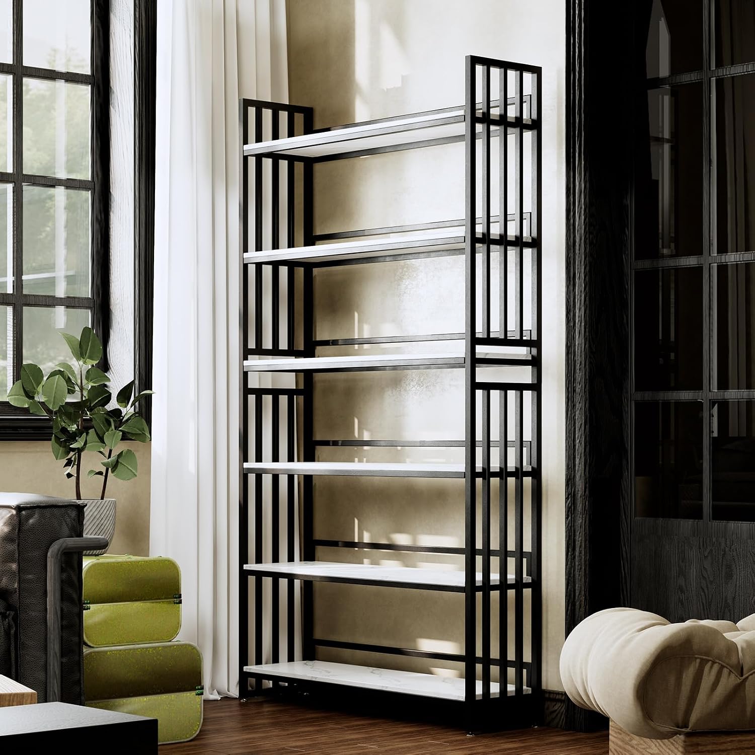 Tall Metal Bookshelf, Modern Industrial Open Bookcase with 6 Shelves, Freestanding Storage & Display Shelf for Living Room, Home Office, Apartment, Black Frame