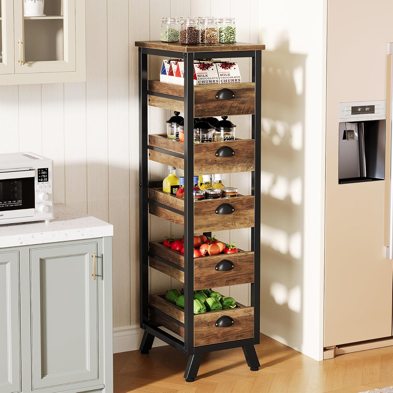 Tribesigns Wood Fruit and Vegetable Storage Rack, 5-Tier Narrow Snack Stand Kitchen Stand Fruit Basket, Pull-Out Utility Organizer for Kitchen, Living Room, Rustic Brown