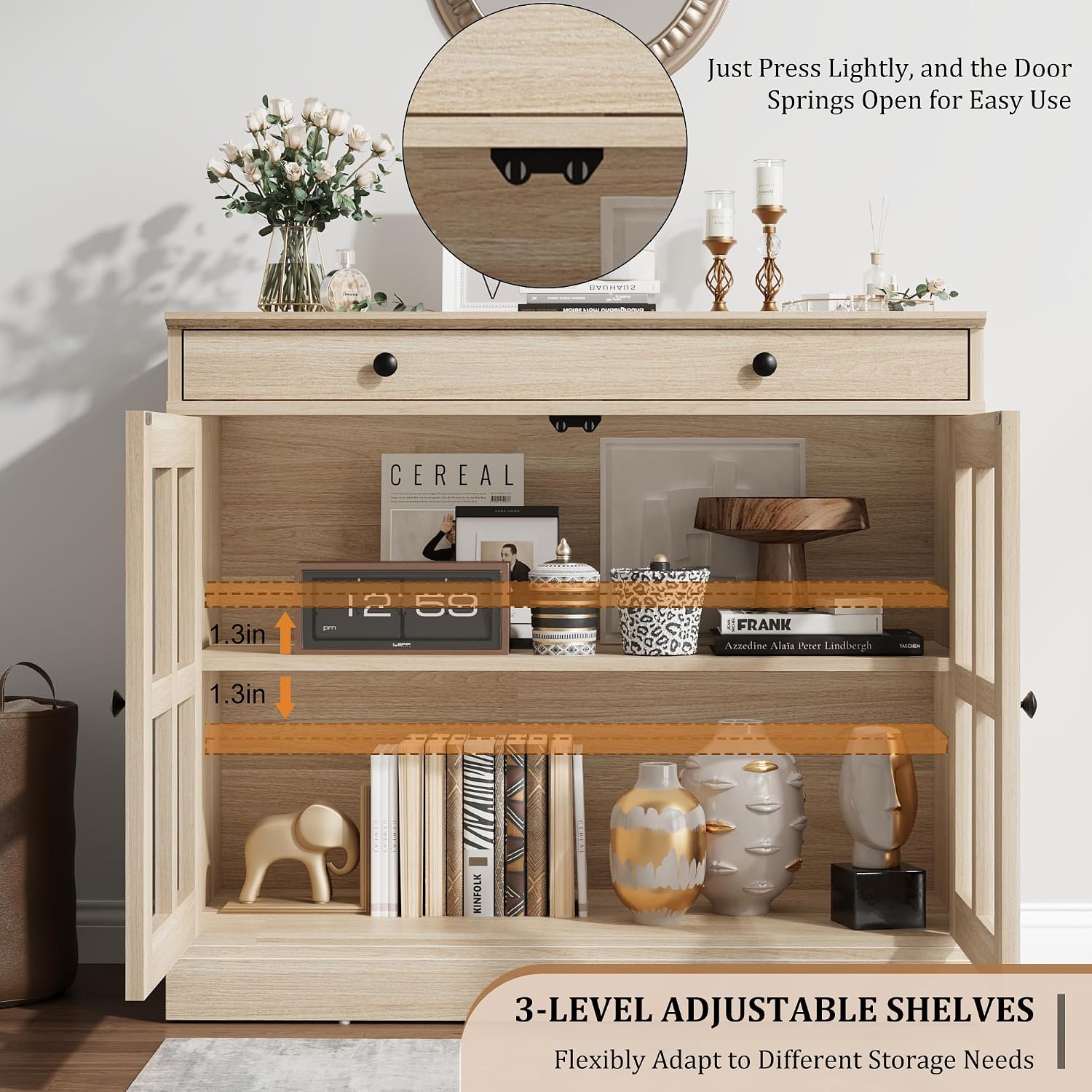 GarveeHome 35.4 in Sideboard Buffet Cabinets with Glass Door, Buffet Cabinet with Storage, Oak Sideboard Cabinet with Drawer, Modern Buffets & Sideboards for Dining Room, Kitchen