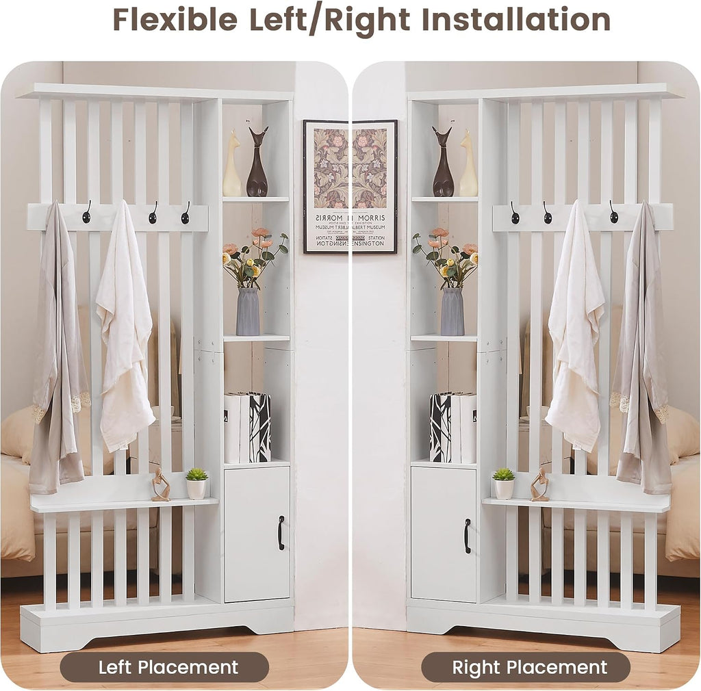 Room Divider with Shelves, Wall Room Divider Bookshelf, Freestanding Wood Privacy Screen with Storage Cabinet, Coat Rack, Display Shelf for Living Room Separation, Home Office Decorative (White)
