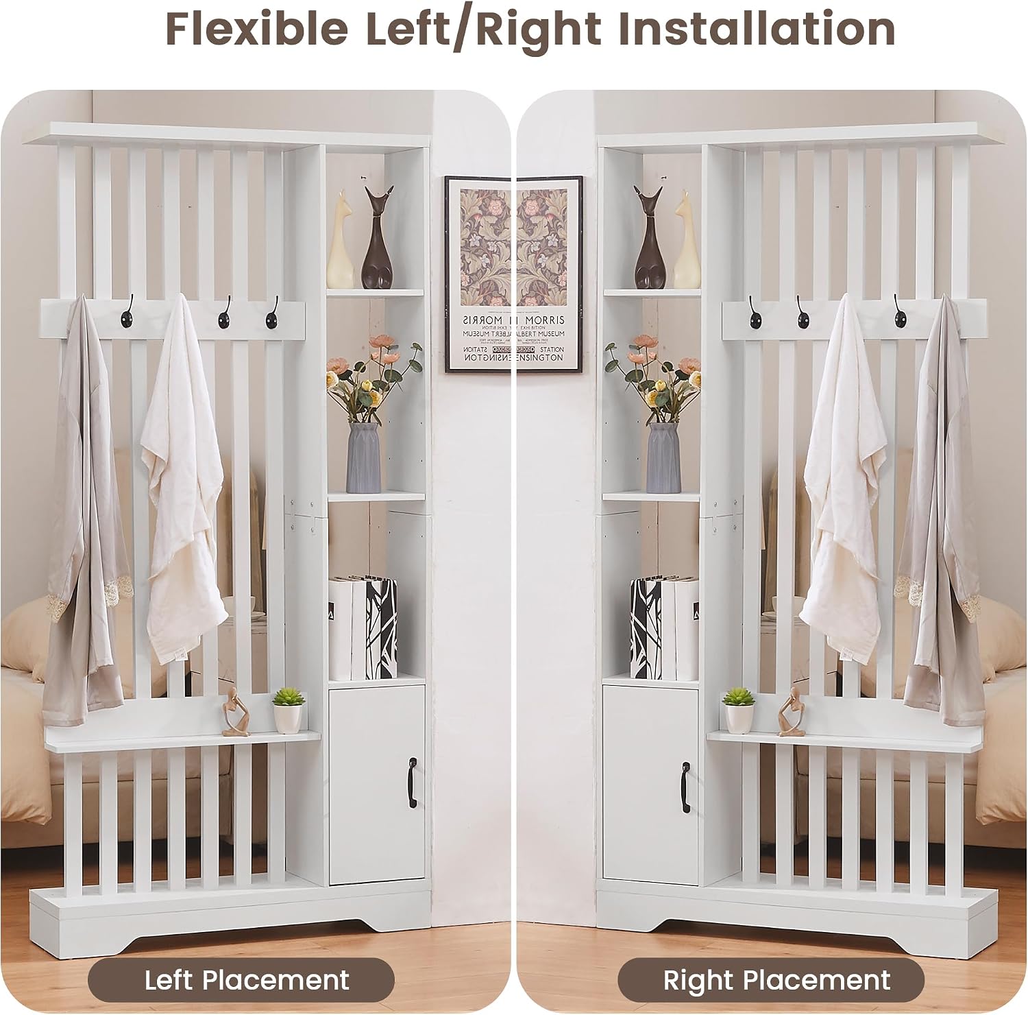 Room Divider with Shelves, Wall Room Divider Bookshelf, Freestanding Wood Privacy Screen with Storage Cabinet, Coat Rack, Display Shelf for Living Room Separation, Home Office Decorative (White)