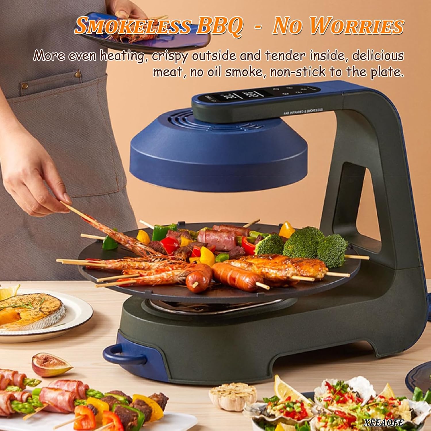 Electric Smokeless Indoor Grill with LCD Touchscreen, 360° Rotation & Non-Contact Heating for Korean BBQ, Non-Stick Removable Grill/Griddle Plates