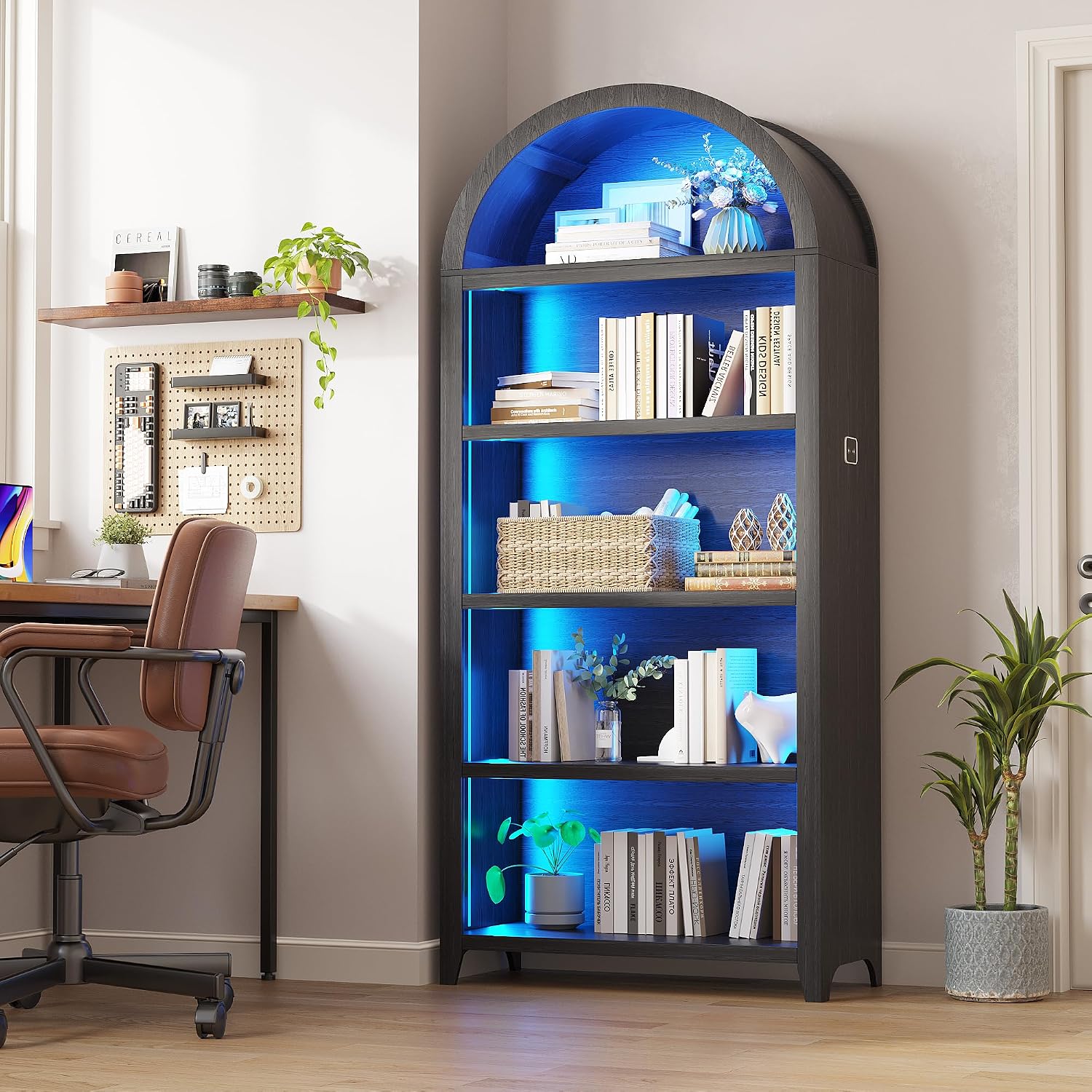 Arched Bookcase - 5 Layers Bookshelf with 3 Colors LED Sensor Lights and Thickened Wooden Design Display Shelf for Lego Books Bathroom Living Room - Ideal Gift (Black)