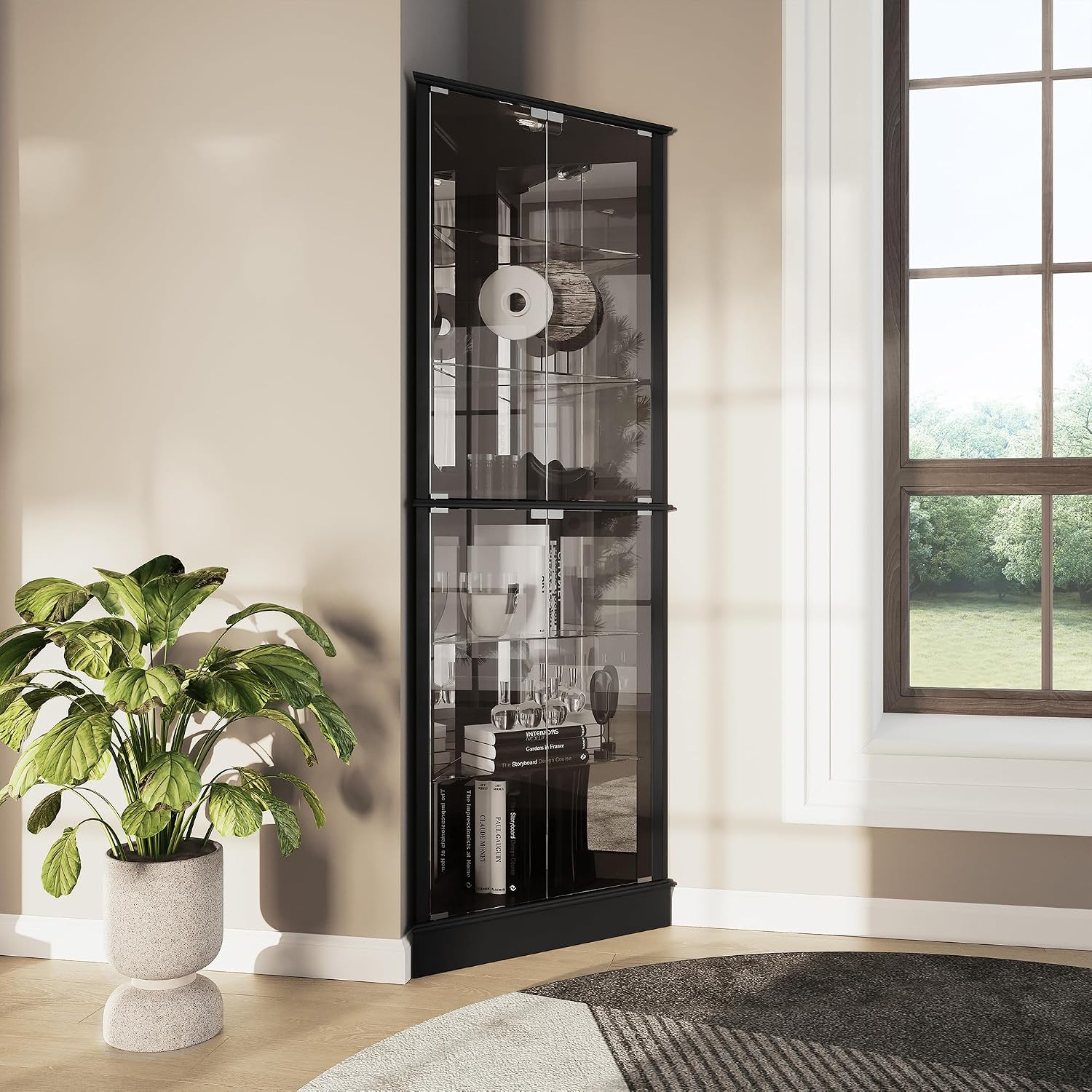 BELLEZE Lighted Corner Display Curio Cabinet Wooden Shelving Unit with Tempered Glass Door, Bar and Liquor Storage Area with 6 Shelves - Woody (Black)