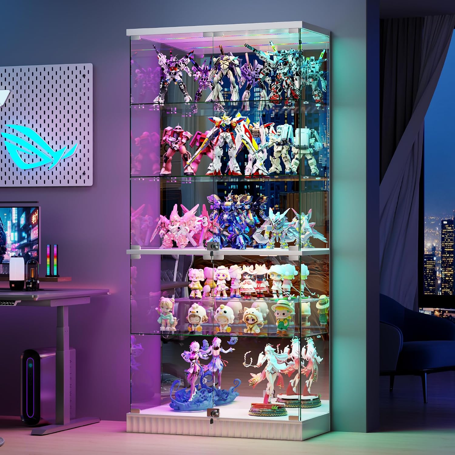 HNEBC 5 Tier Glass Display Cabinet, 66.9' Curio Cabinet with RBG Lights, Display Cases with Lockable and Human Body Sensor, Bookcases for Collectibles, Figurines, Books, Toys, White