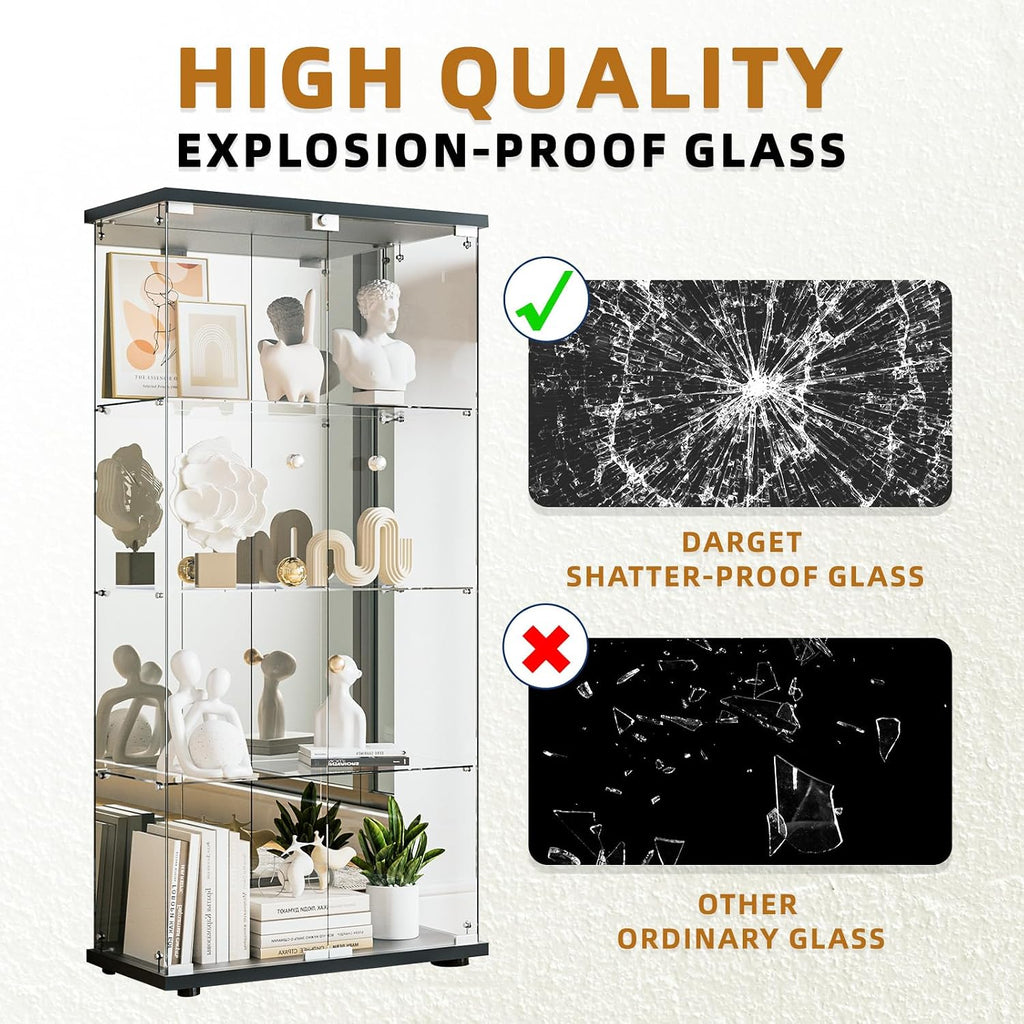 Glass Display Cabinet 4-Shelf with Door, Lock and Mirror,4mm Tempered Glass Floor-to-Ceiling Glass Bookcase for Bedroom, Living Room, Black