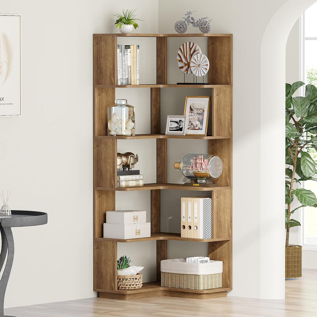 Tribesigns 6 Tier Corner Bookshelf, 64.9 Inches Tall L Shaped Bookcase with Anti-Drop Panel, Freestanding Wood Grain Shelf Display Rack Storage Organizer for Home Office (Light Brown)