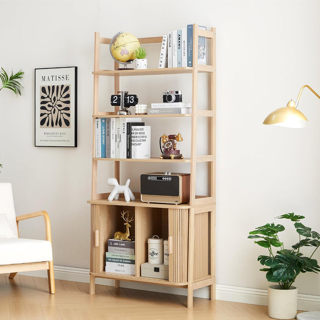 4-Tier Bookshelf, Tall Bookcase with Open Shelf and Sliding Door, 70' Freestanding Storage Organizer Display Cabinet for Living Room, Home Office (Natural)