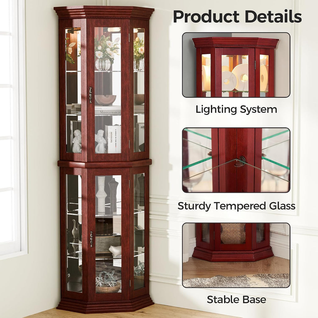 70' H Lighted Corner Display Cabinet, Wooden Storage Display Case with Tempered Glass Doors, Accent Cabinet with Adjustable Shelves for Living Room, Cherry