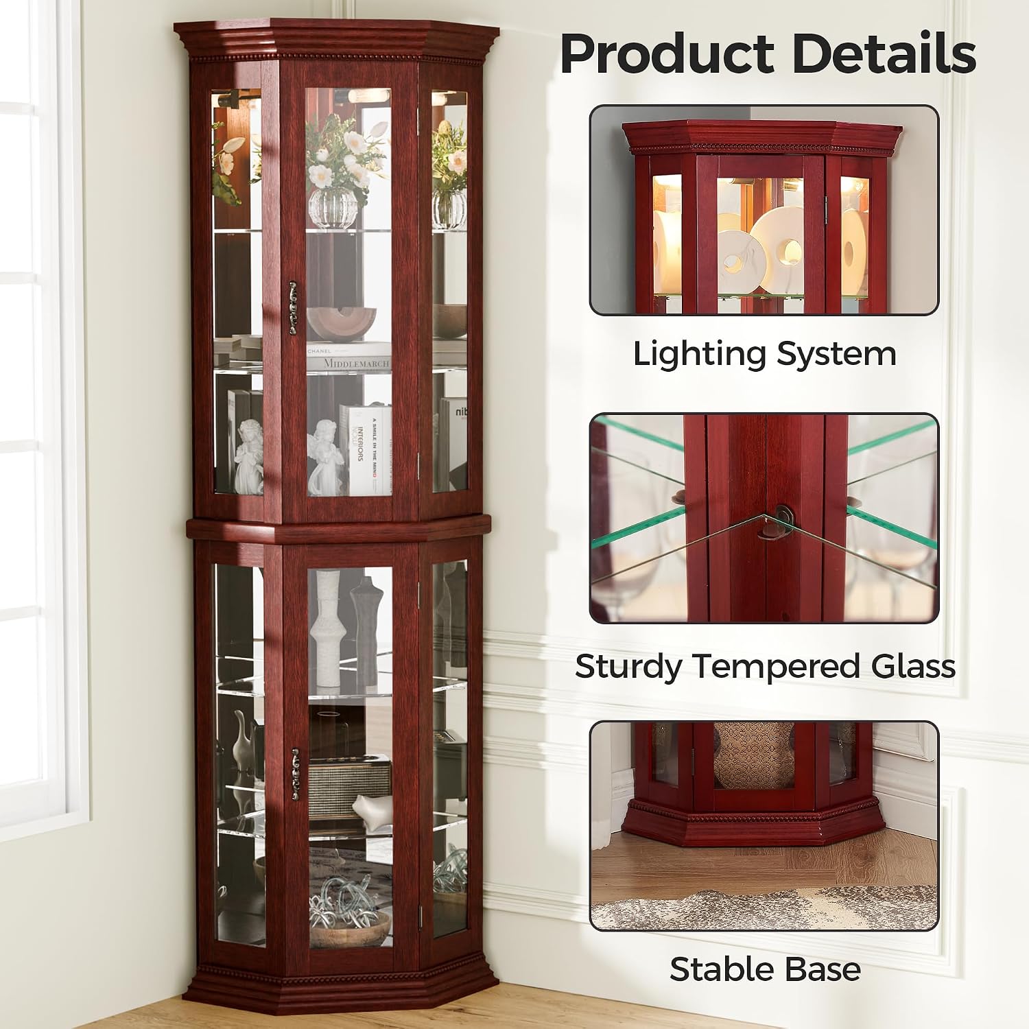 70' H Lighted Corner Display Cabinet, Wooden Storage Display Case with Tempered Glass Doors, Accent Cabinet with Adjustable Shelves for Living Room, Cherry
