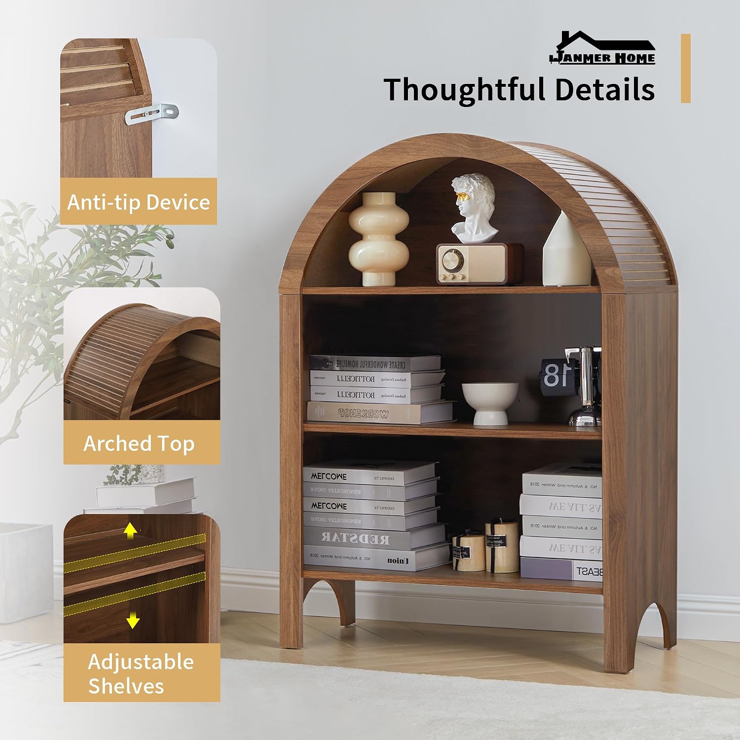 Janmer Home Freestanding Arched Bookcase, Modern 3-Tier Open Bookshelf, Low Short Bookshelf with Adjustable Shelves, Arched Storage Display Cabinet Organizer for Office, Living Room (Walnut, 1pcs)