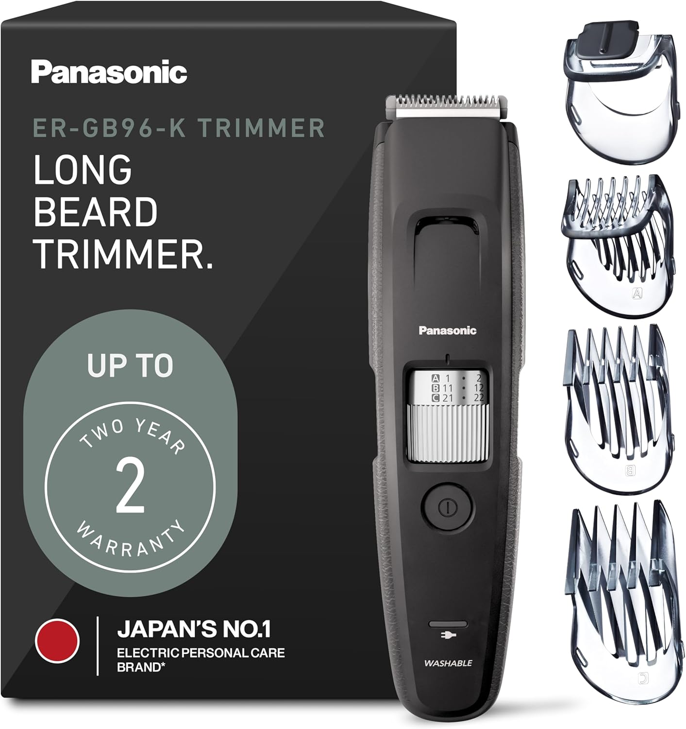 Panasonic Long Beard Trimmer for Men, 58 Length Settings and 4 Attachments to Cut and Detail, Corded or Cordless Beard Trimmer for Men – ER-GB96-K (Black)