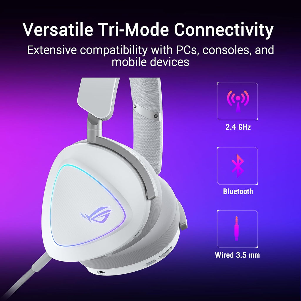 ASUS ROG Delta II Wireless Gaming Headset with Detachable Mic – Tri-Mode (BT, 2.4GHz, 3.5mm), 50mm Titanium-Plated Drivers, 110Hr Battery, Lightweight, for PC, PS5, PS4, Xbox, Switch, Mobile - White