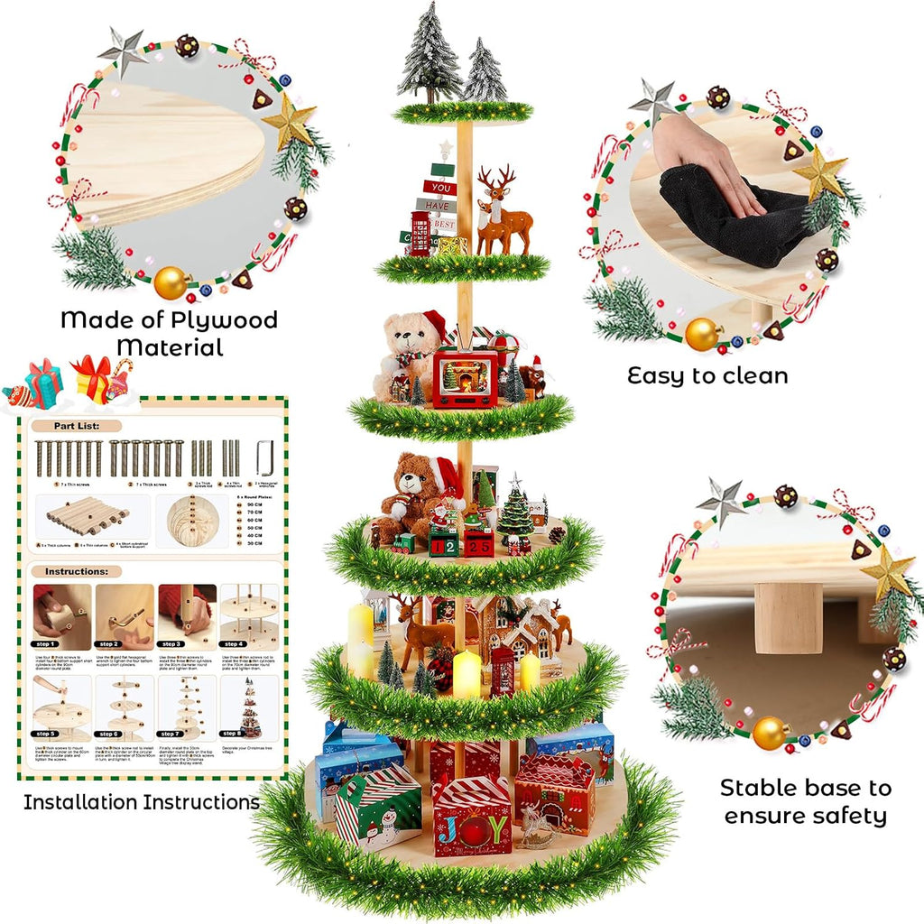 DoubleFill 6 Tier 72 Inch Christmas Tree Village Stand Christmas Bookshelf Display Supply Large Xmas Ornament Displays Tree Stands Xmas Wooden Display Trees Stand for Holiday Displays(Circle)