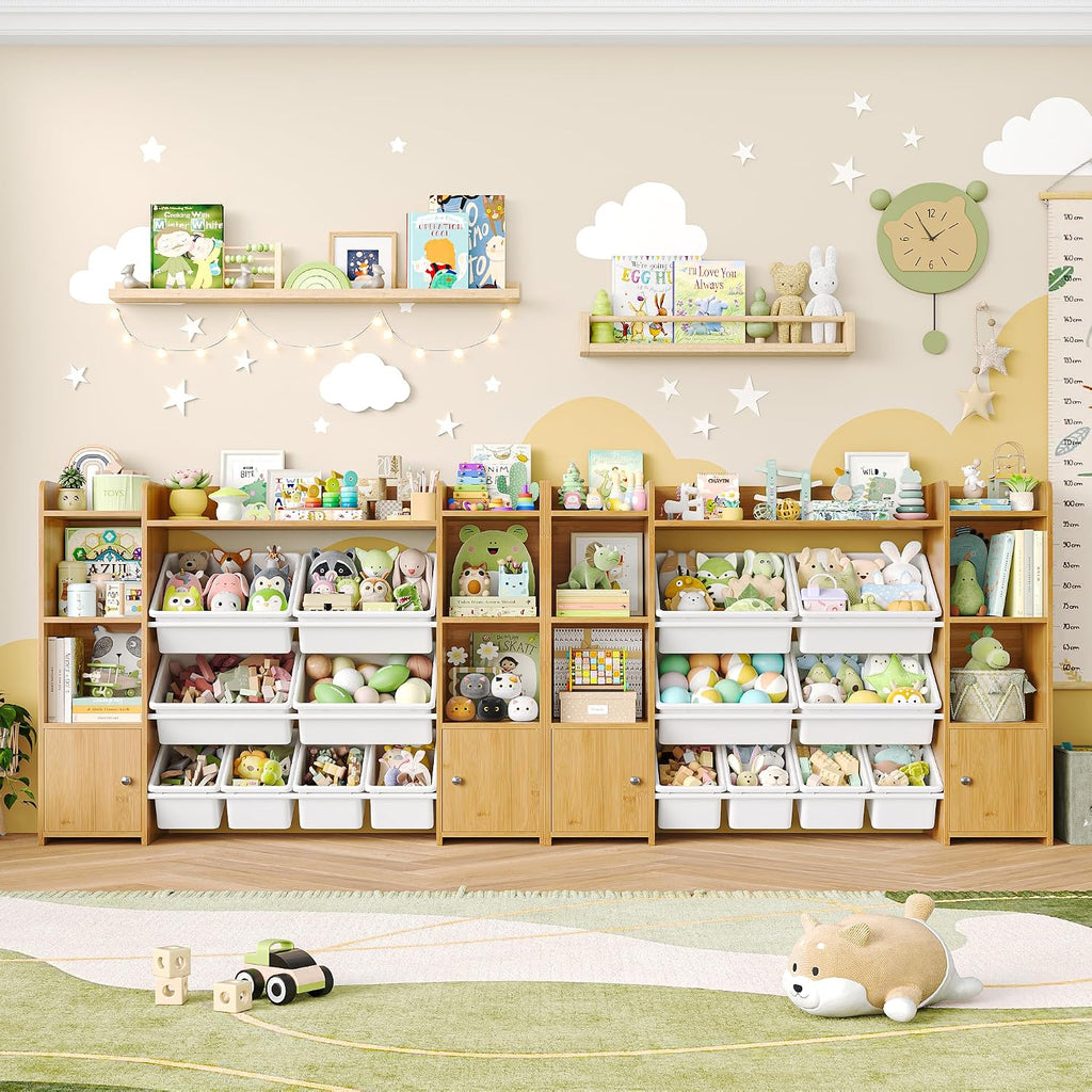 FOTOSOK Toy Storage Organizer with 8 Toy Bins, 55''Large Toy Organizers and Storage with Top Shelf, Toy Storage and Kids Bookshelf with 6 Storage Cubbies, Playroom Storage and Toy Box, Natural