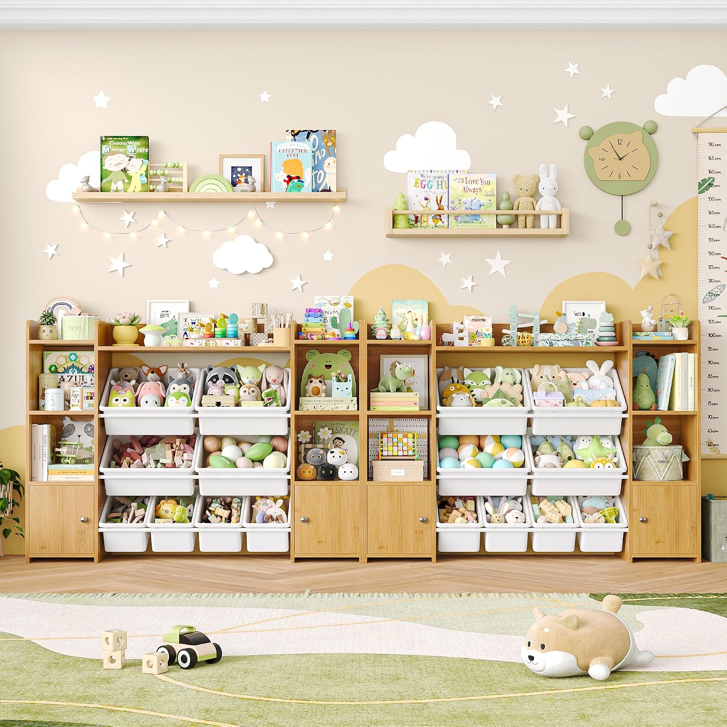 FOTOSOK Toy Storage Organizer with 8 Toy Bins, 55''Large Toy Organizers and Storage with Top Shelf, Toy Storage and Kids Bookshelf with 6 Storage Cubbies, Playroom Storage and Toy Box, Natural
