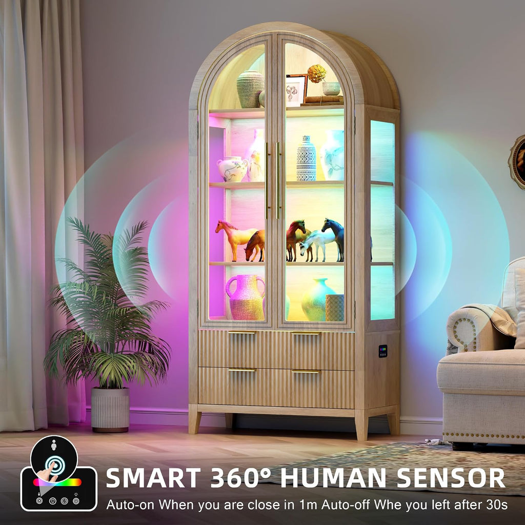 Vlsrka 71' Arched RGB Curio Cabinet with Glass Doors, 4-Shelves Tall Display Cabinet and 2 Drawers, LED Display Case with 20 Lights for Collectibles/Book/Medal/Figure, Wood Color