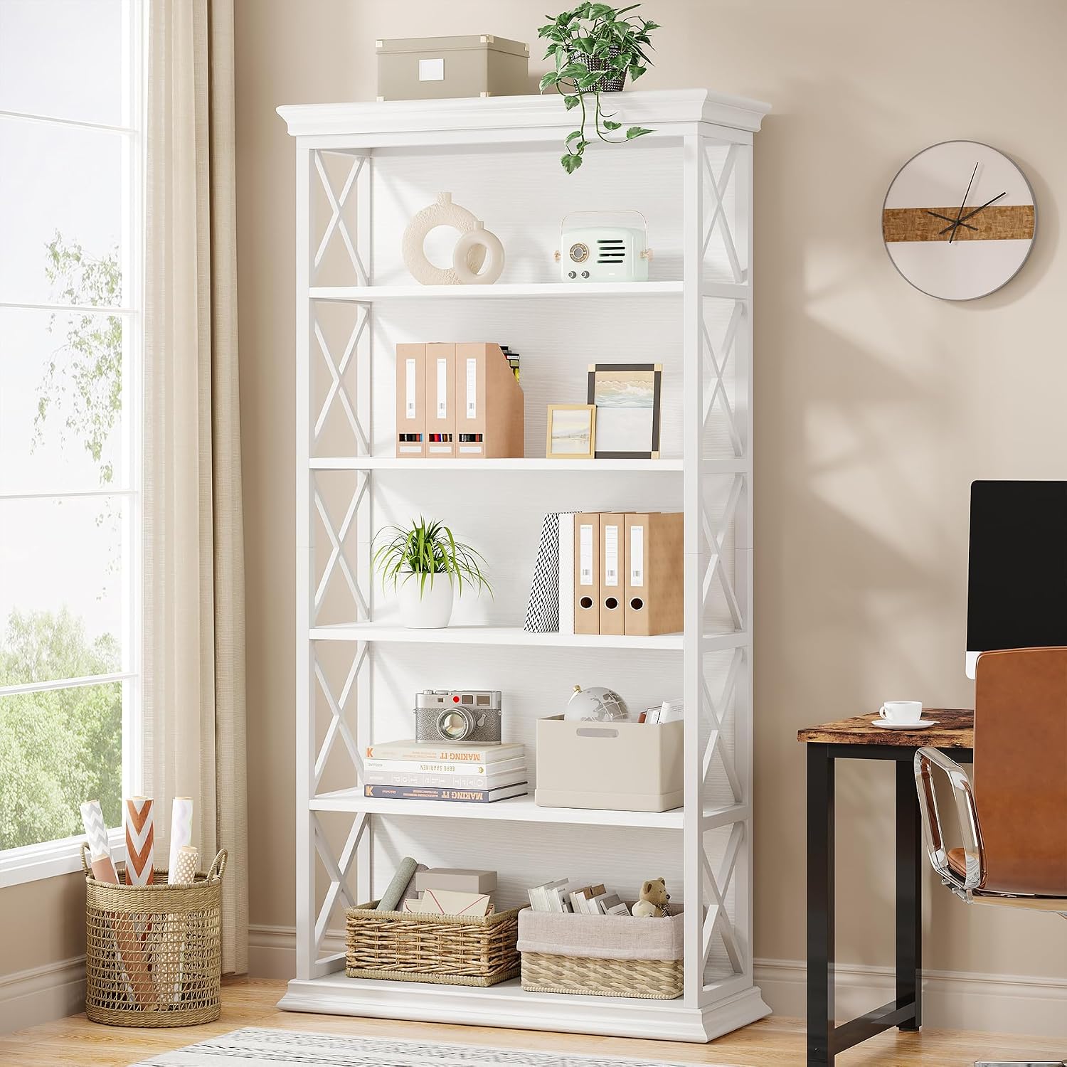 Tribesigns 6-Tier Bookcase, 71 Inches Industrial Bookshelves and Bookcases, Floor Standing 5 Shelf Display Storage Shelves Tall Bookcase for Home Office, Living Room, Bed Room, White