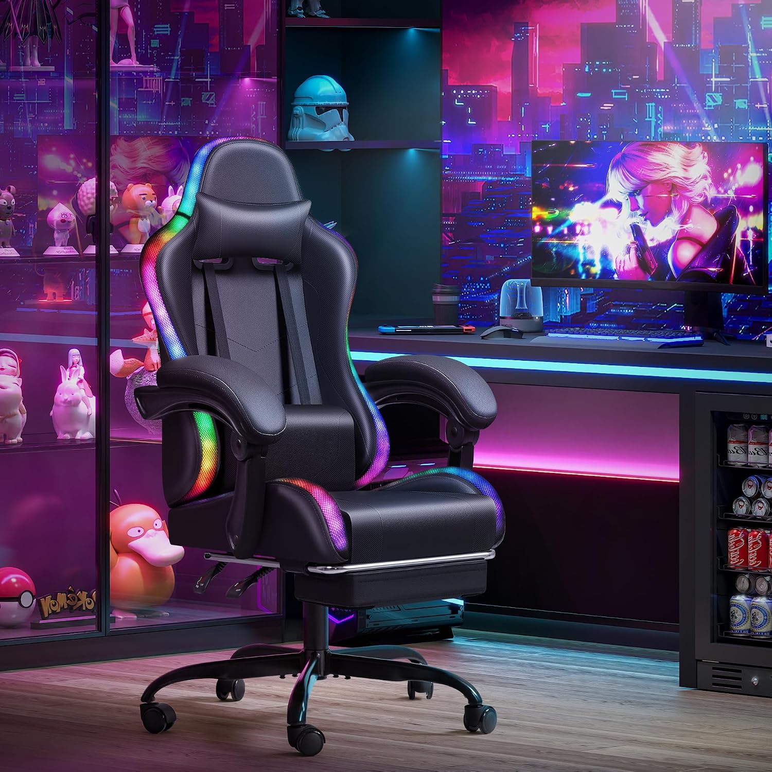 Homall Gaming Chair, Video Game Chair with Footrest and Massage Lumbar Support, Ergonomic Computer Chair Height Adjustable with Swivel Seat and Headrest (RGB Dark Black)