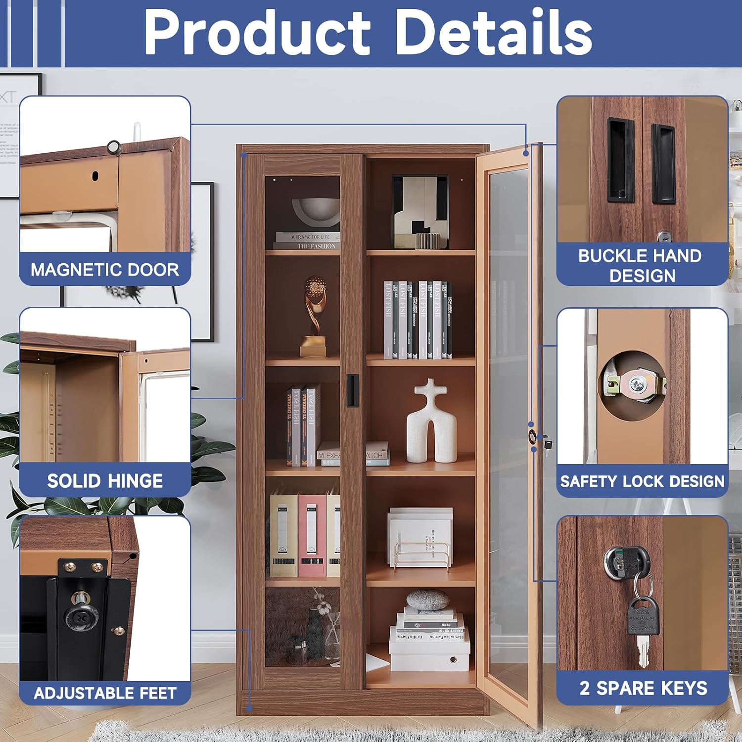Display Cabinet with Glass Doors, Display Case Cabinet for Collectibles, Curio Display Cabinet with 4 Adjustable Shelves, 71' Glass Display Cabinet for Home Living Room (Wood Color)