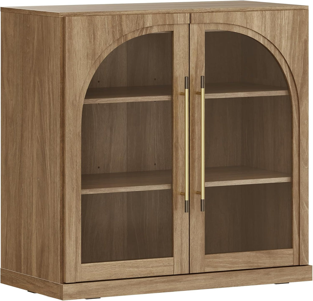 BELLEZE Modular Sideboard with Arched Glass Door, Accent Display Buffet Cabinet with Storage and Adjustable Shelves,Classic Modern Credenza for Dining Room Living Room Entryway (Camel)