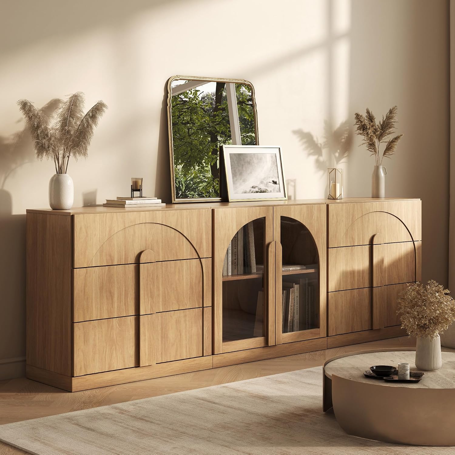 BELLEZE 3-Piece Sideboard Cabinet Set Freely Configurable, Modern Wood Modular Cabinet Contain 2 3-Drawer Storage and Display Glass Door, Accen Storage Console for Dining Room Living Room, Camel