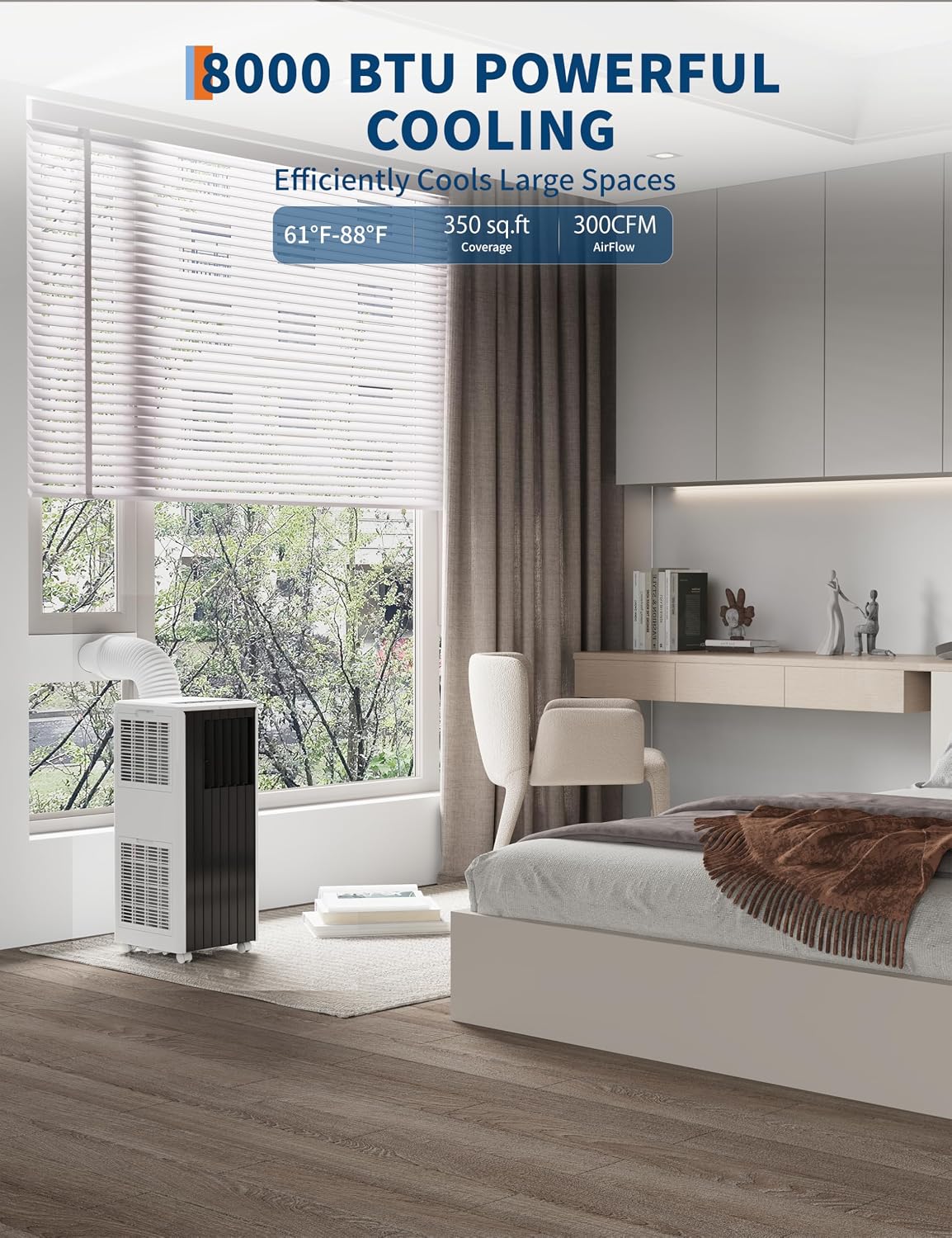 8,000 BTUs Portable Air Conditioner, 3-in-1 AC Unit with Fan, Dehumidifier, Air Conditioner for Bedroom Cools Rooms Up to 350 Sq.Ft, Indoor Quiet AC Unit, Easy Installation Kit Included, Grey