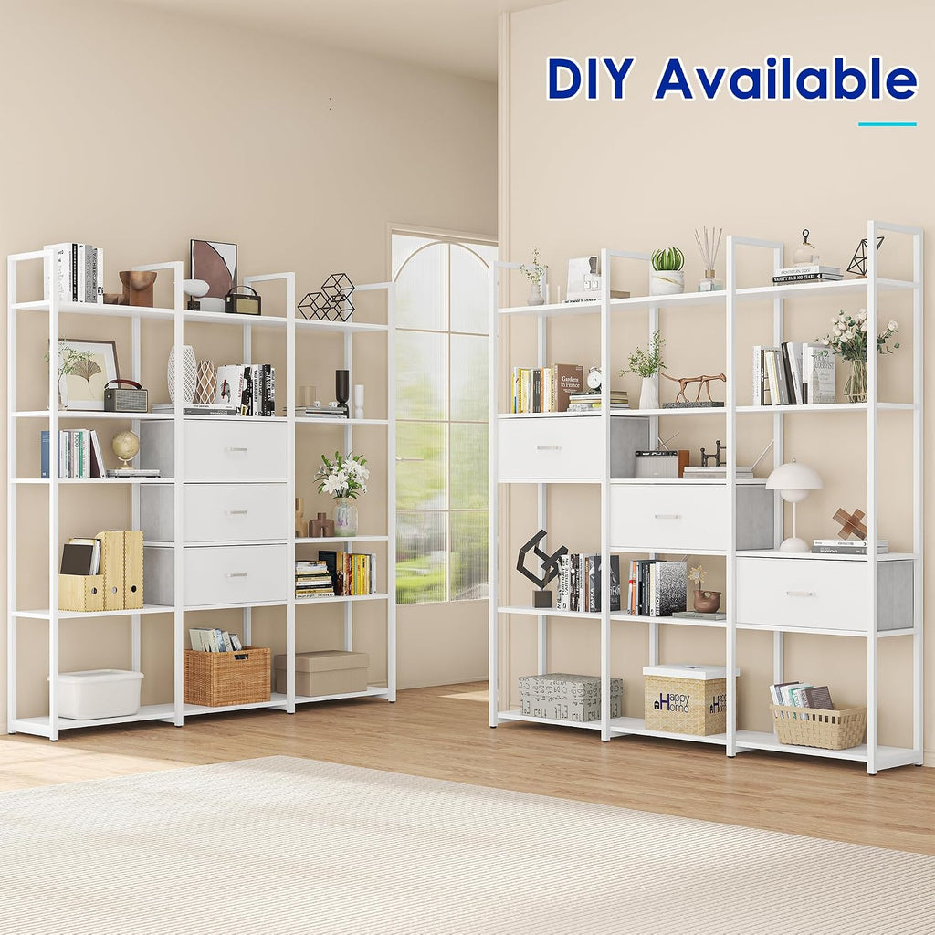 Nosepen 73.6' Tall Bookshelf with 3 Drawers and 16 Storage Shelves, Industrial Bookcase with 16 Open Display Shelves, Large Etagere Bookshelf, Triple Wide Book Shelf Book Case for Home & Office, White