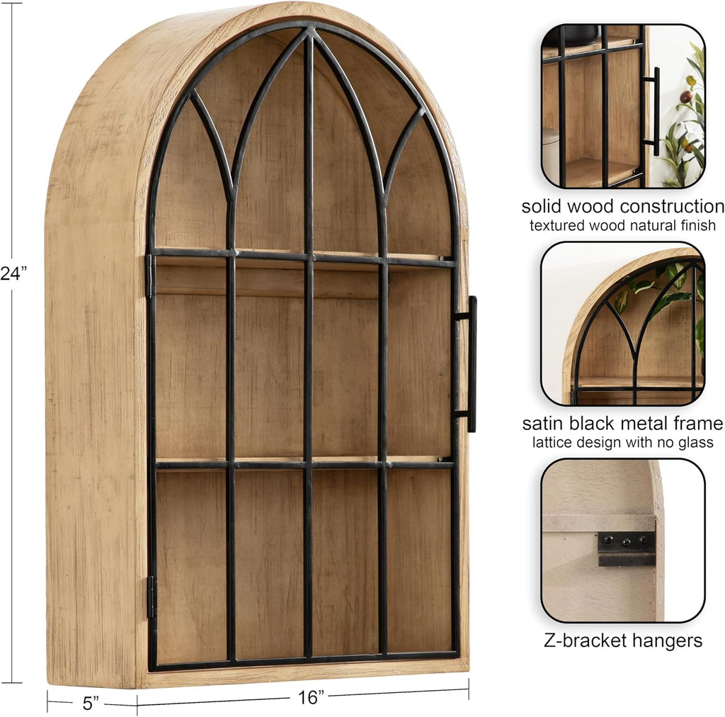 Kate and Laurel Megara Decorative Wooden Hanging Arched Wall Cabinet with Door for Open Storage; 16 x 5 x 24; Natural Wood and Black; Wooden Floating Wall Bathroom Cabinet for Above Toilet Storage