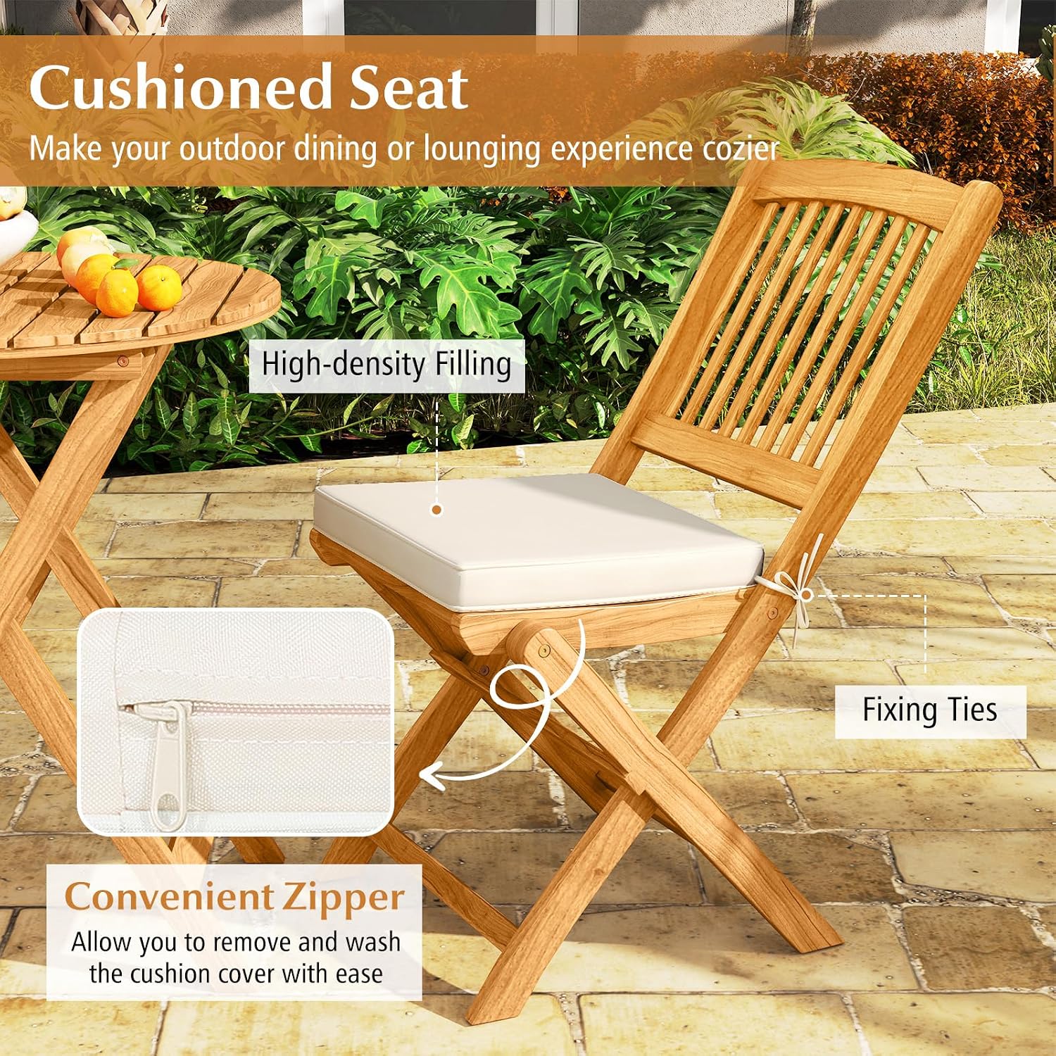 Tangkula 3 Pieces Acacia Wood Patio Folding Bistro Set, Outdoor Table and Chairs Set with Soft Cushions, Patio Furniture Set for Porch, Balcony, Garden, Deck and Backyard