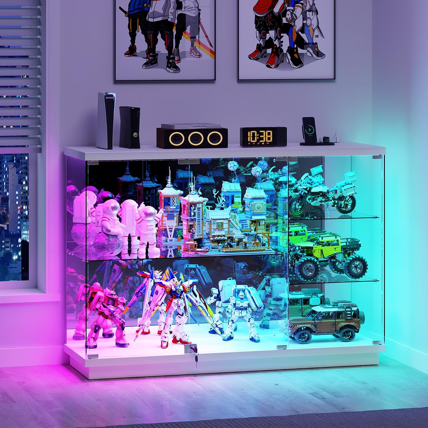 HNEBC 5-Tier Lockable Display Cabinet - with Glass Door,47.2' W Glass Display Case with 7+5 Lights Modes for Collectibles,Lighted Cuiro Cabinet with Human Sensor,China Cabinet for Living Room