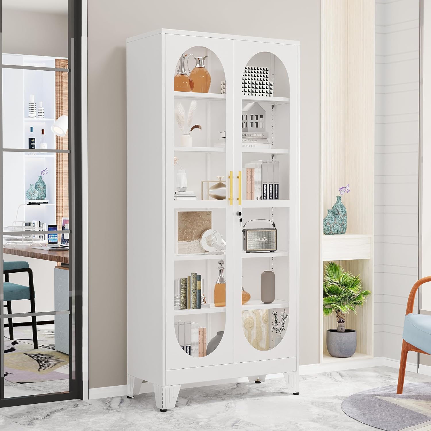GAIOUS 74.8' Tall Metal Curio Cabinet, Display Cabinet with Glass Door, 6 Tier Liquor with 5 Adjustable Shelves, Locking Glass Display Case for Collectibles, Showcase Storage Cabinets, White