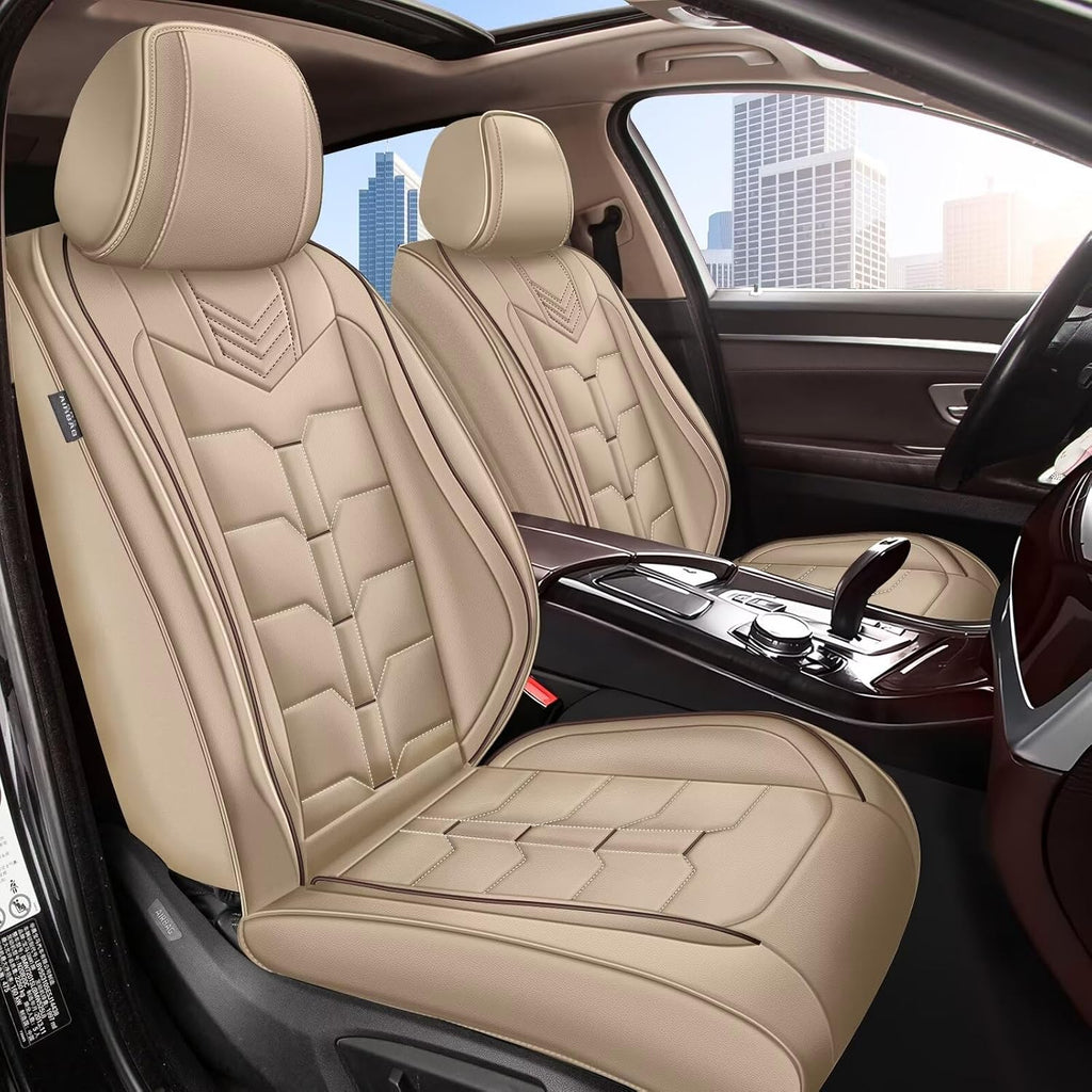 IKABEVEM Seat Covers Fit for Mazda 3 2007-2019 2PCS Front Car Seat Covers Faux Leather Seat Cushion Waterproof Auto Protectors(Beige)-2 Front Seat Covers
