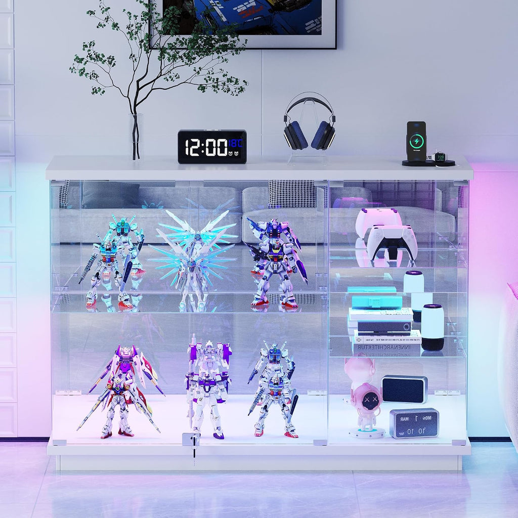 Lvifur RGB High Gloss Display Cabinet - with Lock, Curio Cabinet with Human Body Sensor & Glass Shelves for Toys, Books, Collectibles, Liquor, Bookcase for Living Room, Kitchen, Study, White