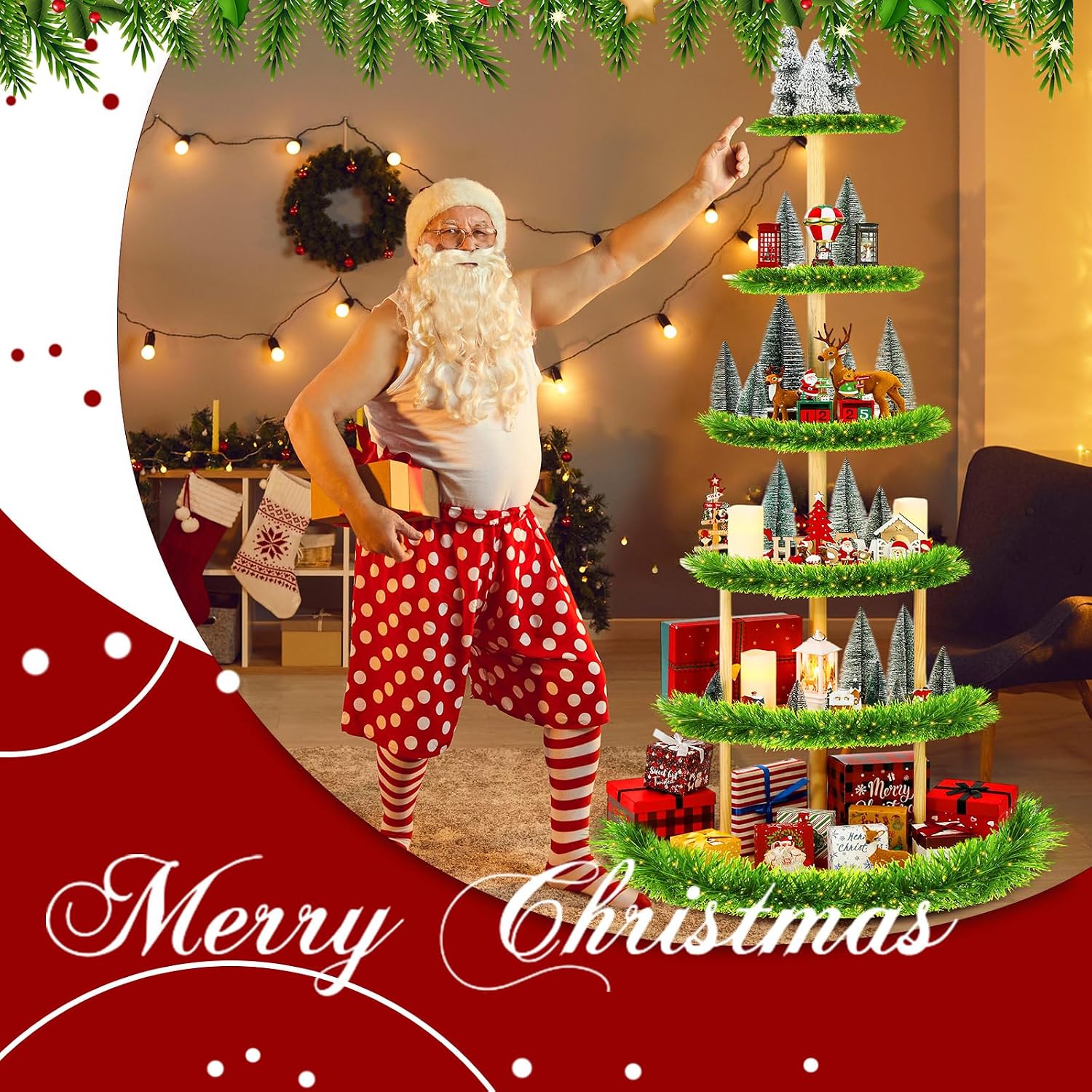 DoubleFill 6 Tier 72 Inch Christmas Tree Village Stand Christmas Bookshelf Display Supply Large Xmas Ornament Displays Tree Stands Xmas Wooden Display Trees Stand for Holiday Displays (Semicircle)