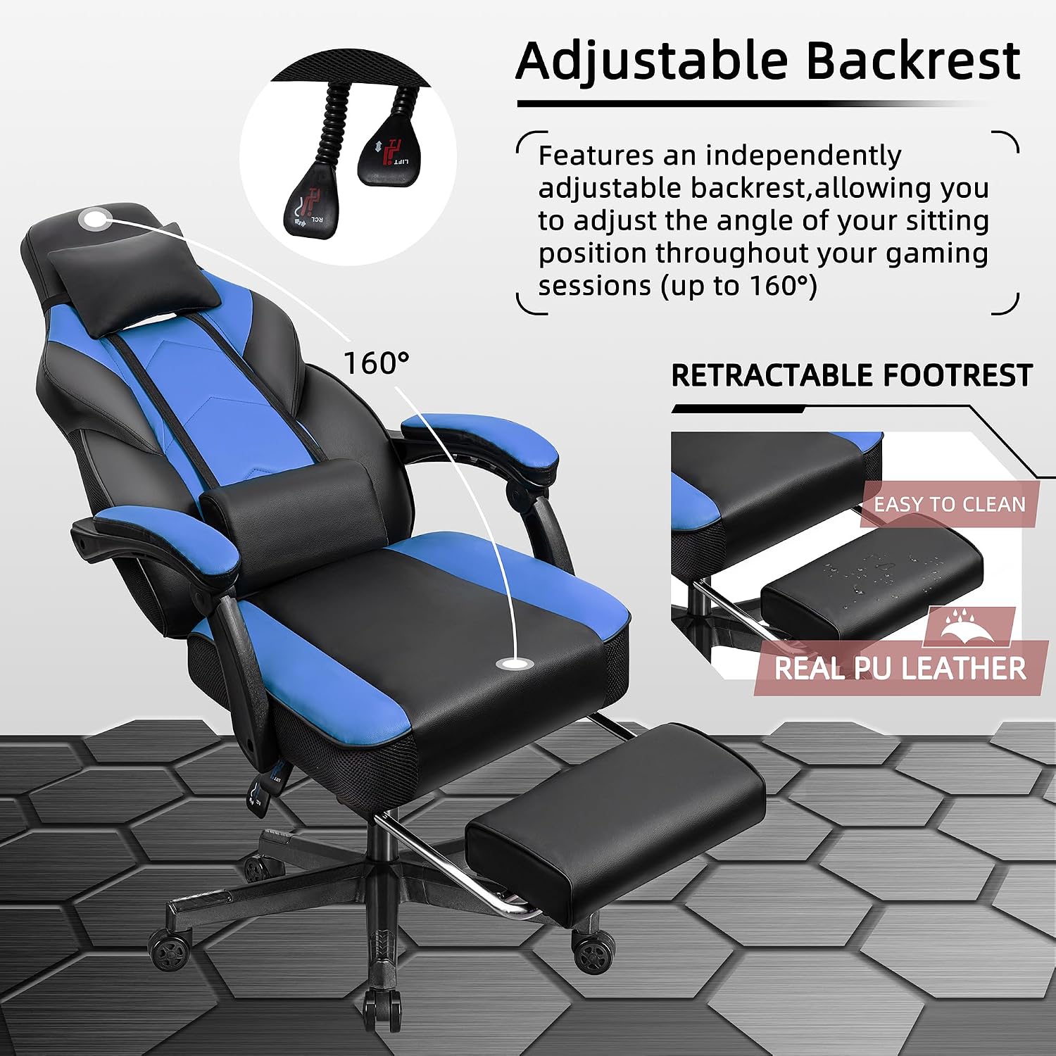 Shintenchi Gaming Chair,Video Game Chair with footrest and Massage Lumbar Support,Height Adjustable Game Chair with 360°Swivel Seat Ergonomic Computer Chair with Headrest for Office or Gaming(Blue)