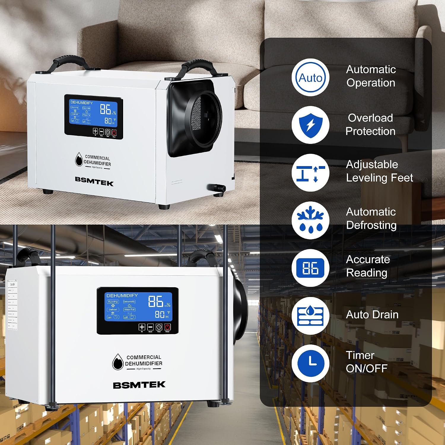145 Pints Commercial Dehumidifier for Large Basements & Crawl Spaces up to 6500Sq.Ft, Industrial Dehumidifiers for Water Damage Restoration, Auto Defrost, Continuous Drain Hose, White-2PC