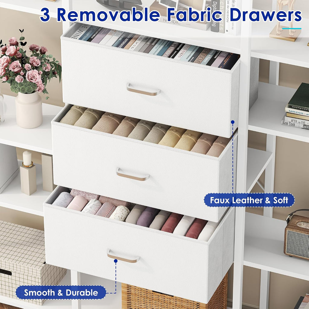 Nosepen 73.6' Tall Bookshelf with 3 Drawers and 16 Storage Shelves, Industrial Bookcase with 16 Open Display Shelves, Large Etagere Bookshelf, Triple Wide Book Shelf Book Case for Home & Office, White