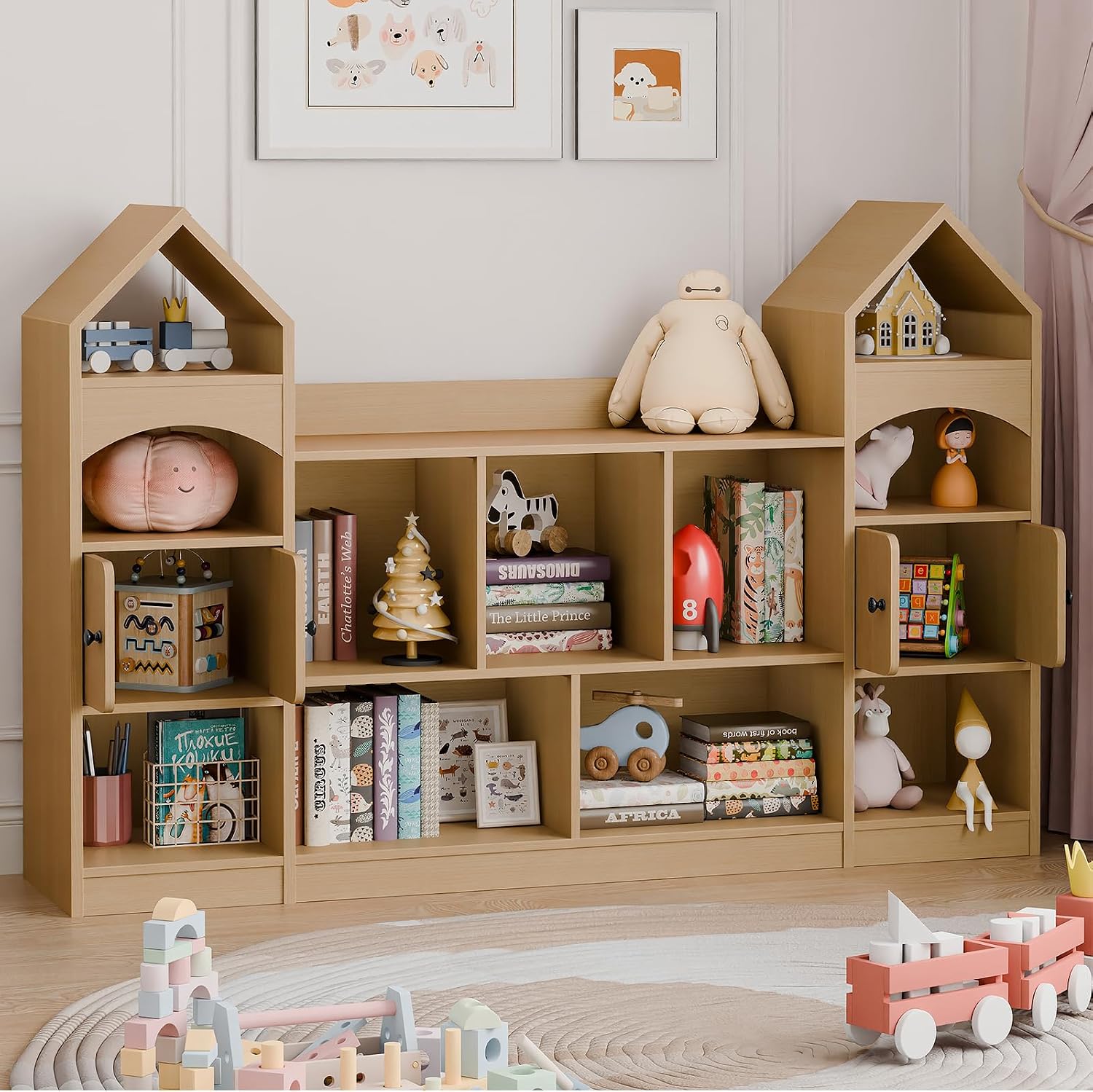 Vabches Castle Shape Children's Bookshelf, Kids Bookcase Display Case Kids Toy Storage Organizer Multifunctional Storage Cabinet Bookshelf Suitable for Playroom, Children's Room, Living Room, Oak