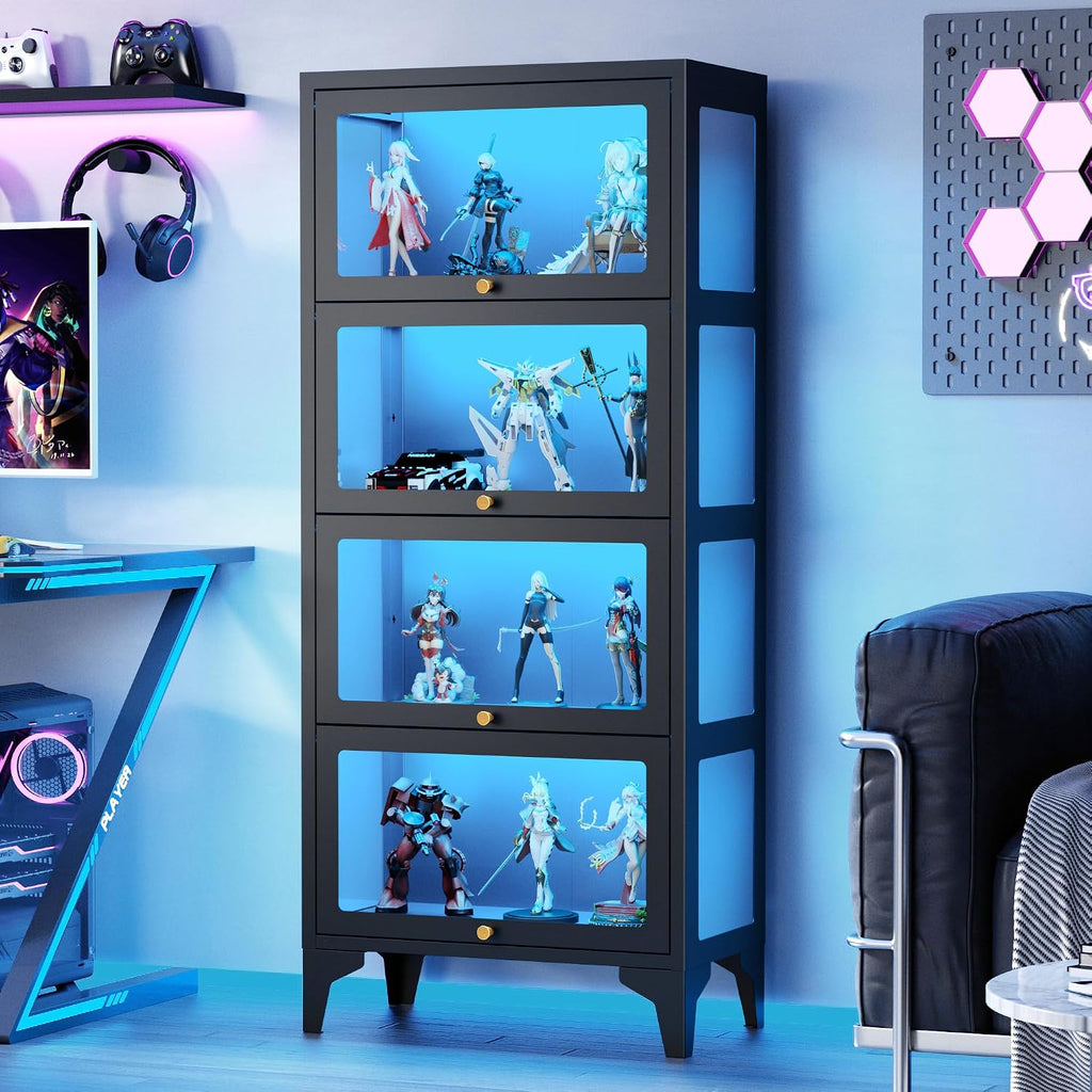 Lucky Monet 4 Tier Curio Display Cabinet with 13-Color LED Lights & Flip-Up Glass Doors, 3-Side Glass Lighted Display Case for Collectibles, Figures, Books, 55' Metal Storage Cabinet, Black