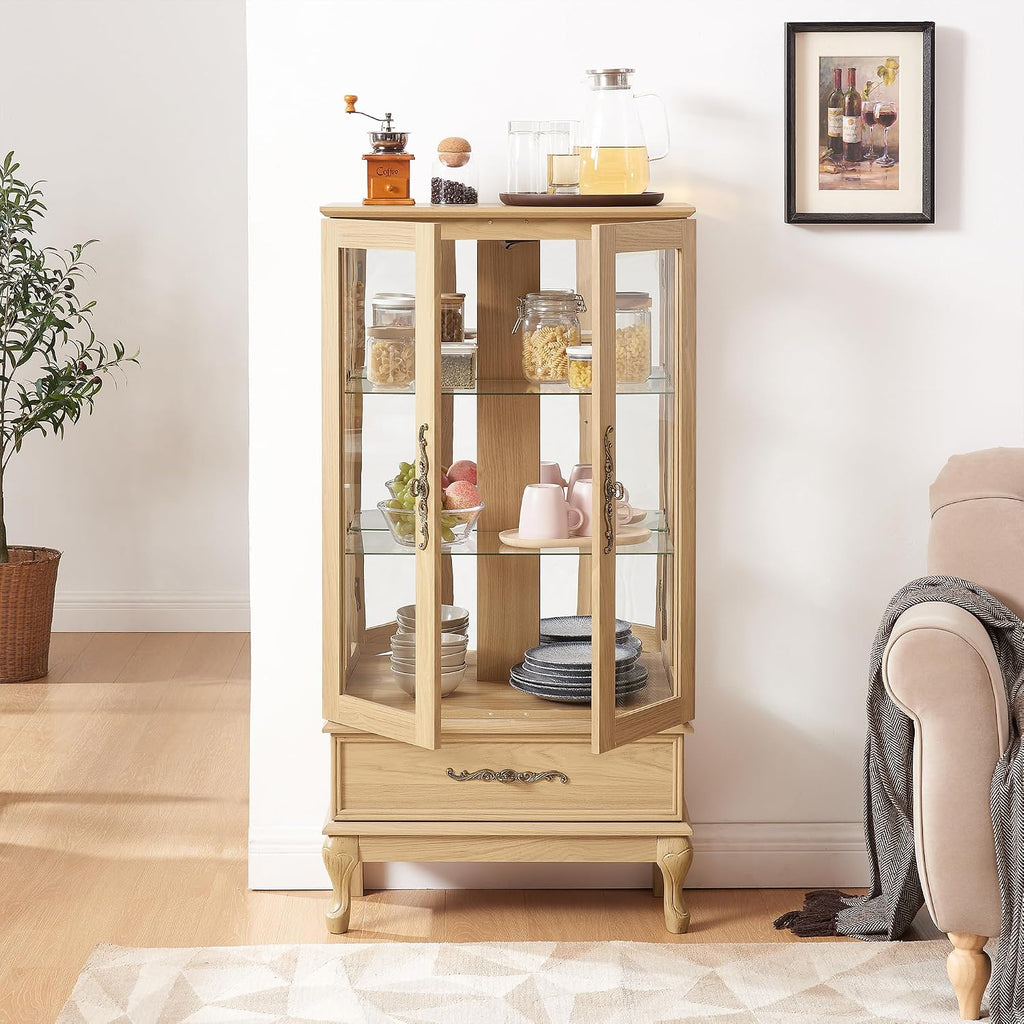 51' H Lighted Curio Display Cabinet with 2 Doors & 1 Drawer, Wooden Glass Curio Showcase w/Adjustable Shelves & Mirrored Back Panel, Storage Cabinet Display Case for Living Room (Light Oak)